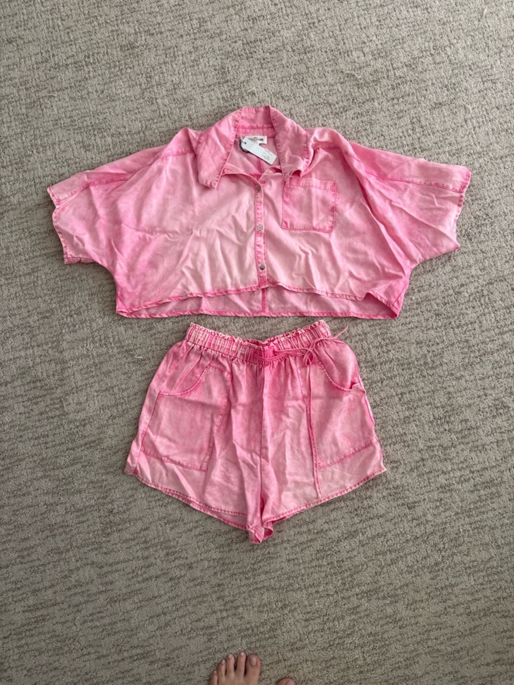 Pink Two-Piece Set - Short Sleeve Button Top & Shorts